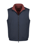 Navy blue vest with a red collar on a black background
