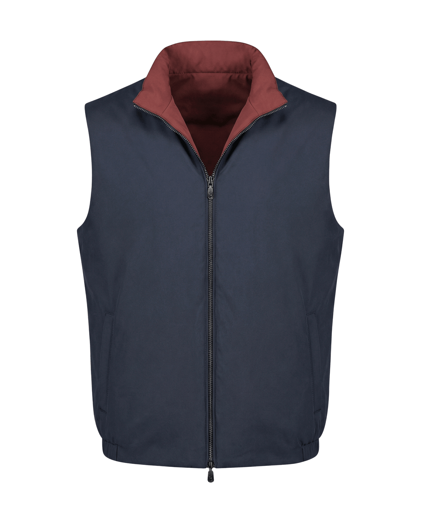 Navy blue vest with a red collar on a black background