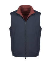 Navy blue vest with a red collar on a black background