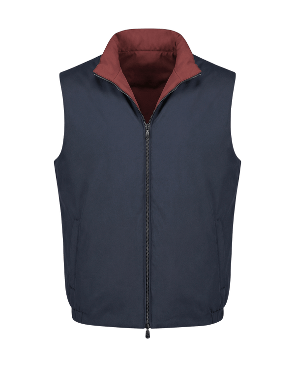 Navy blue vest with a red collar on a black background