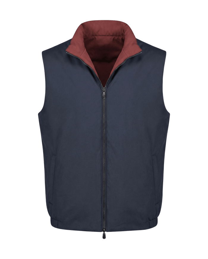 Navy blue vest with a red collar on a black background
