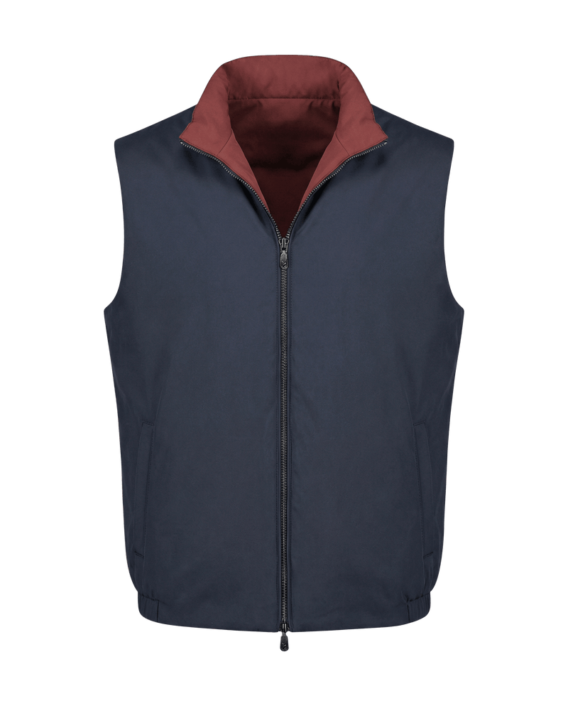 Navy blue vest with a red collar on a black background