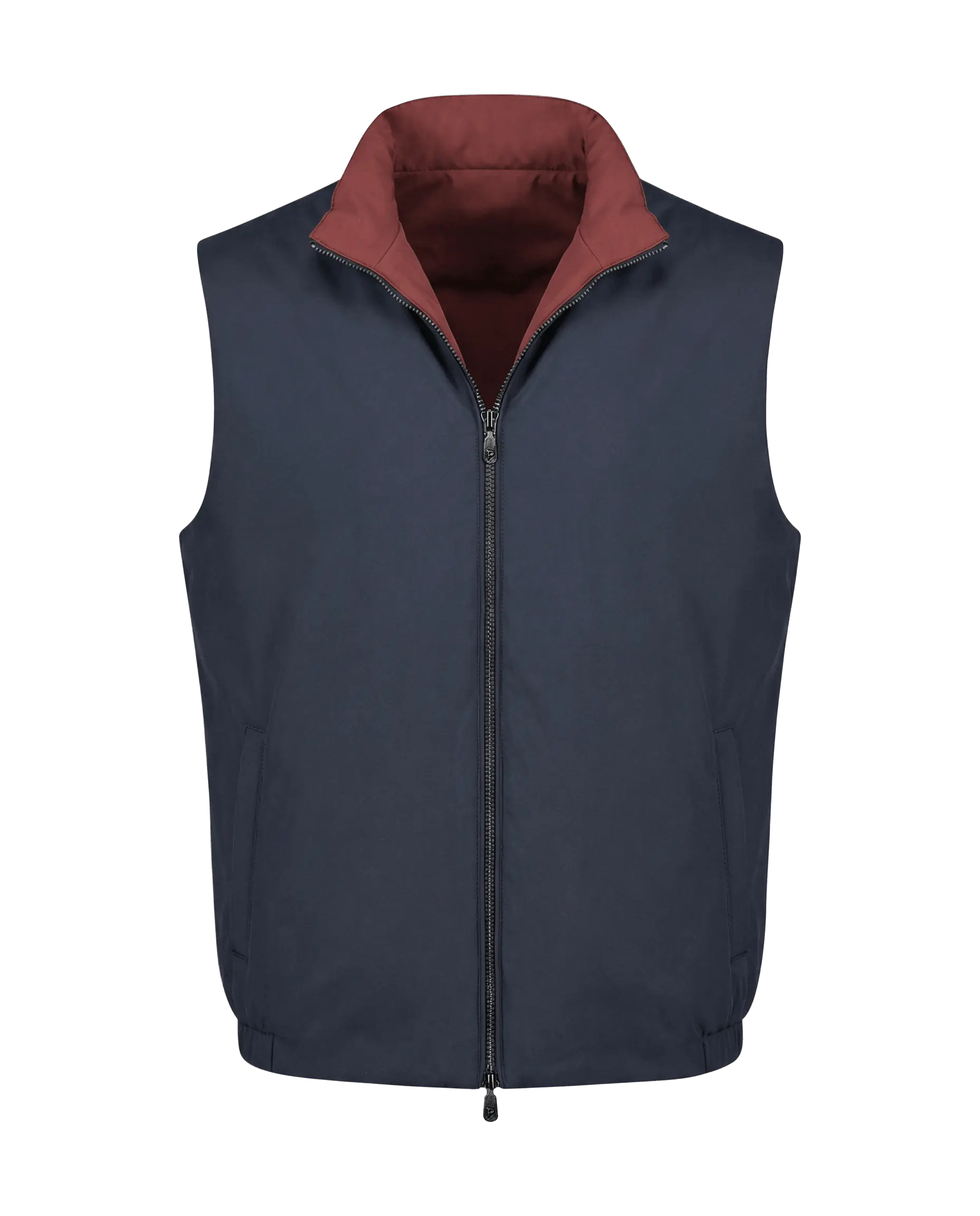 Navy blue vest with a maroon interior on a white background