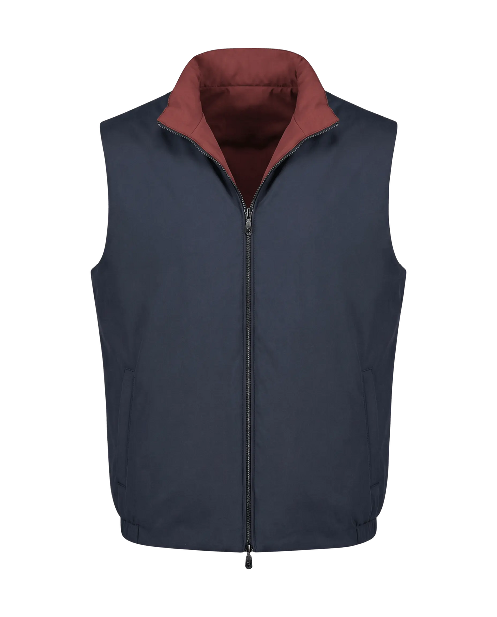 Navy blue vest with a maroon interior on a white background