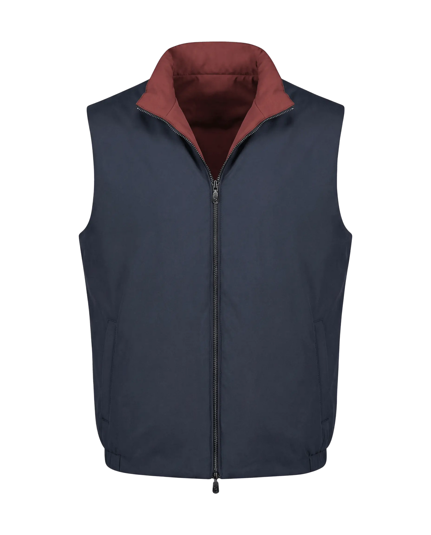 Navy blue vest with a maroon interior on a white background