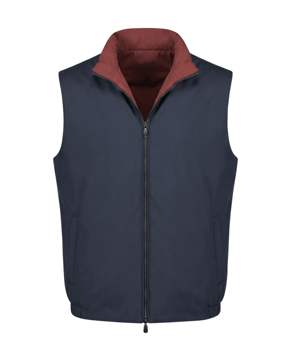 Navy blue vest with a maroon interior on a white background