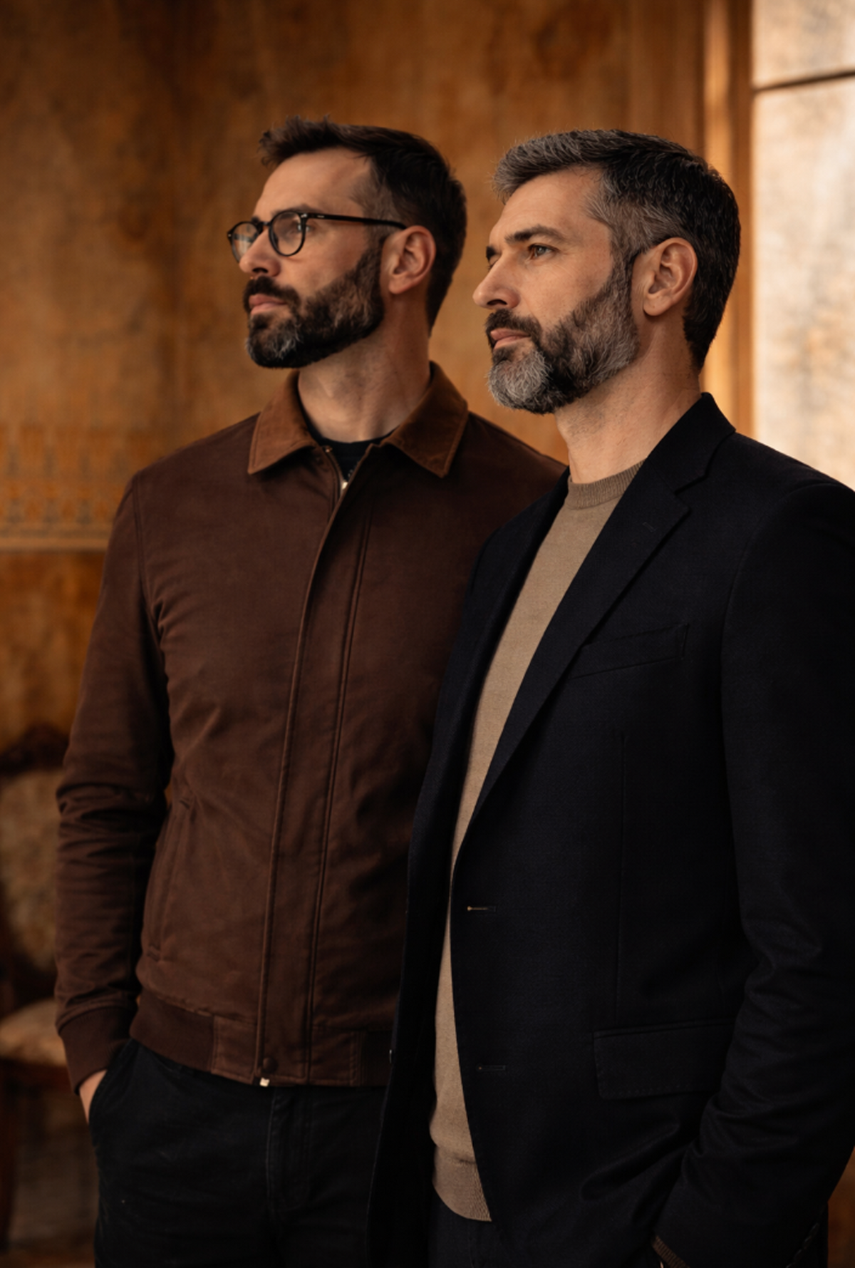Two men standing side by side in a warm-toned interior setting