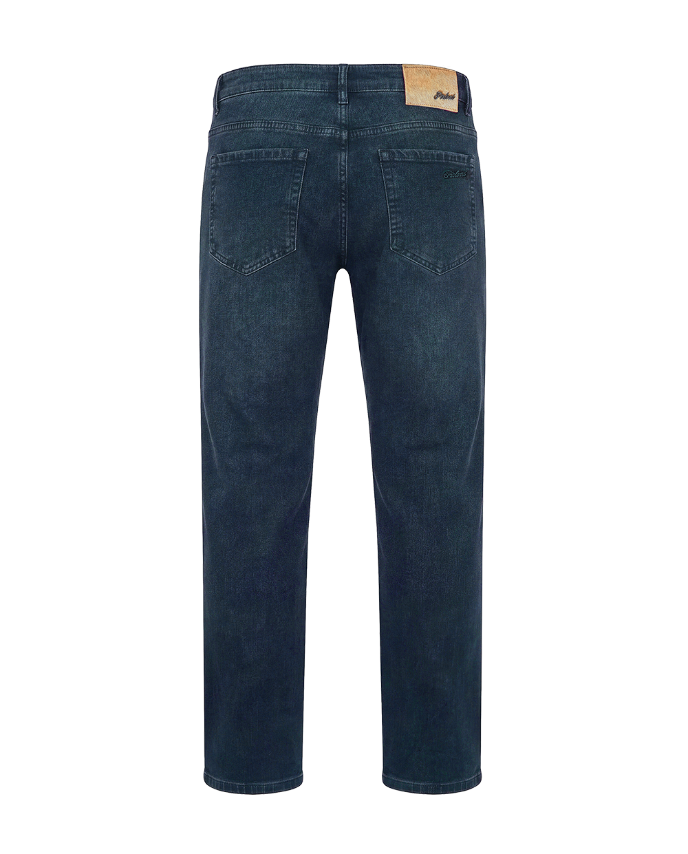 Back view of dark blue jeans on a white background