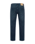 Back view of dark blue jeans on a white background