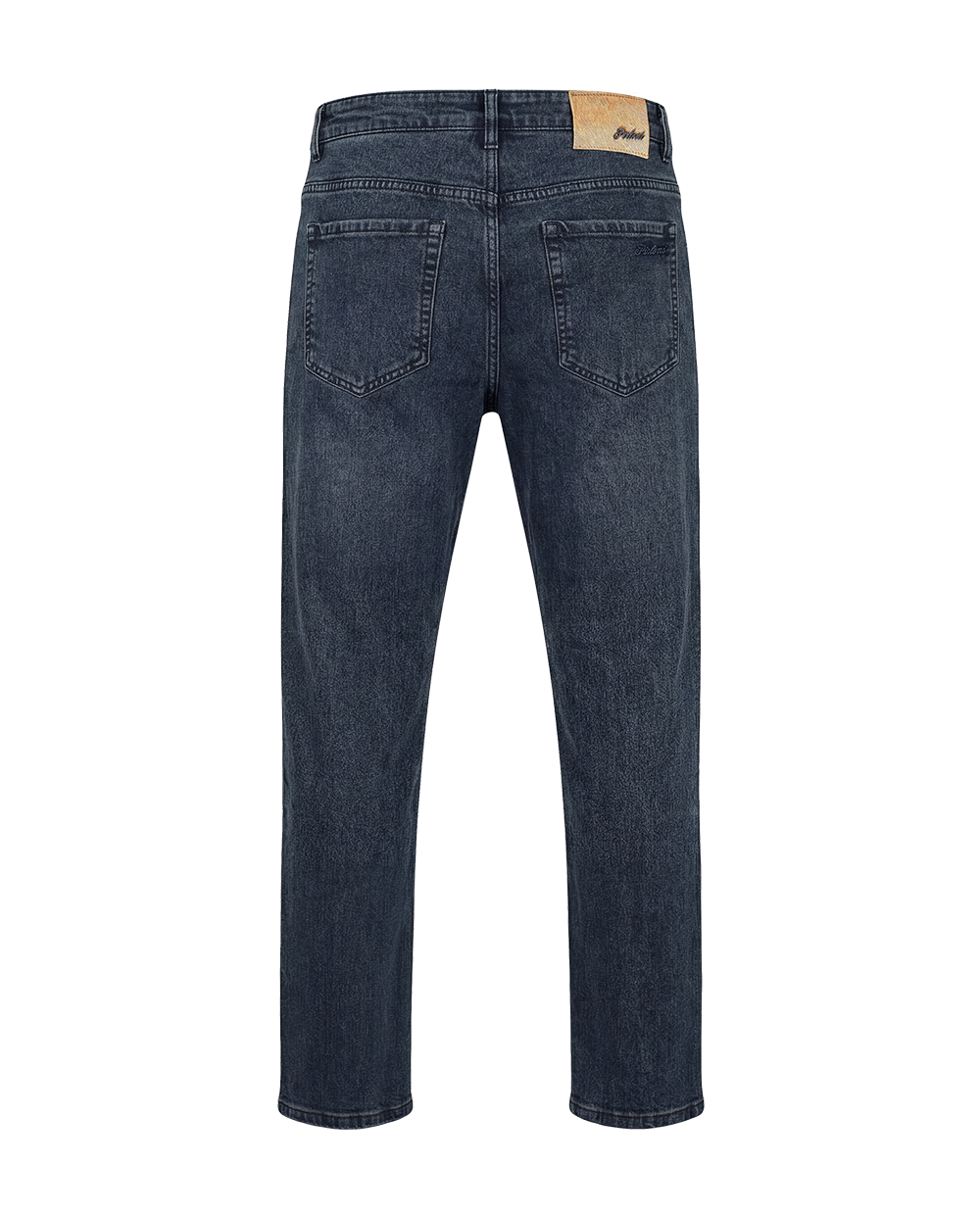 Back view of dark blue jeans on a white background