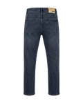 Back view of dark blue jeans on a white background
