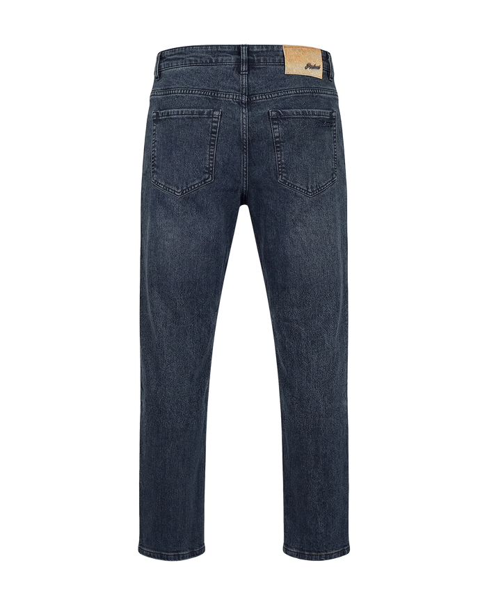 Back view of dark blue jeans on a white background
