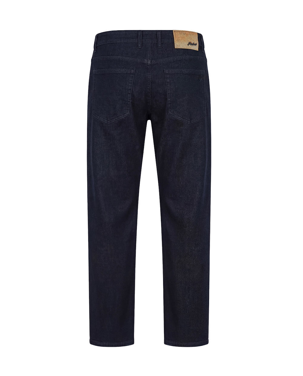 Navy blue jeans with a brand label on a white background