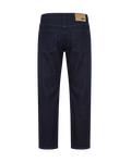 Navy blue jeans with a brand label on a white background