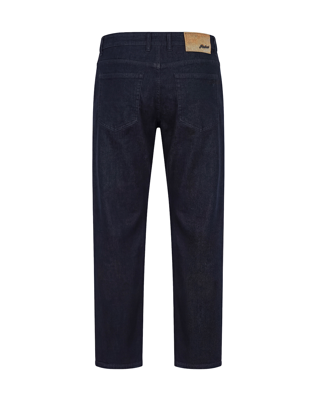 Navy blue jeans with a brand label on a white background