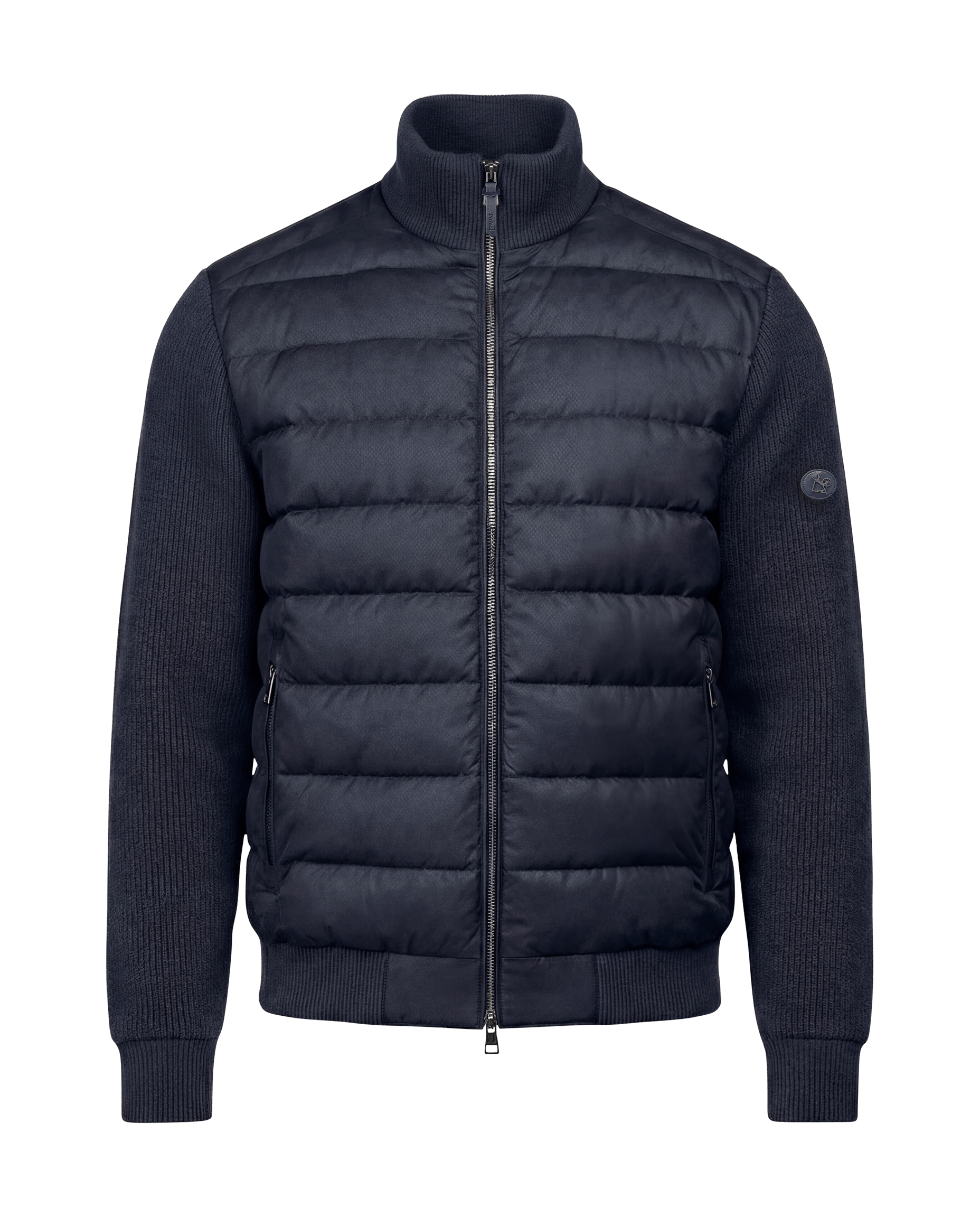 Blue puffer jacket on a black background