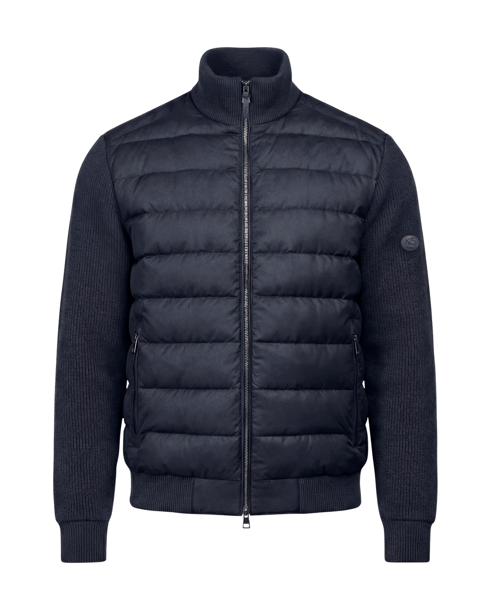 Blue puffer jacket on a black background