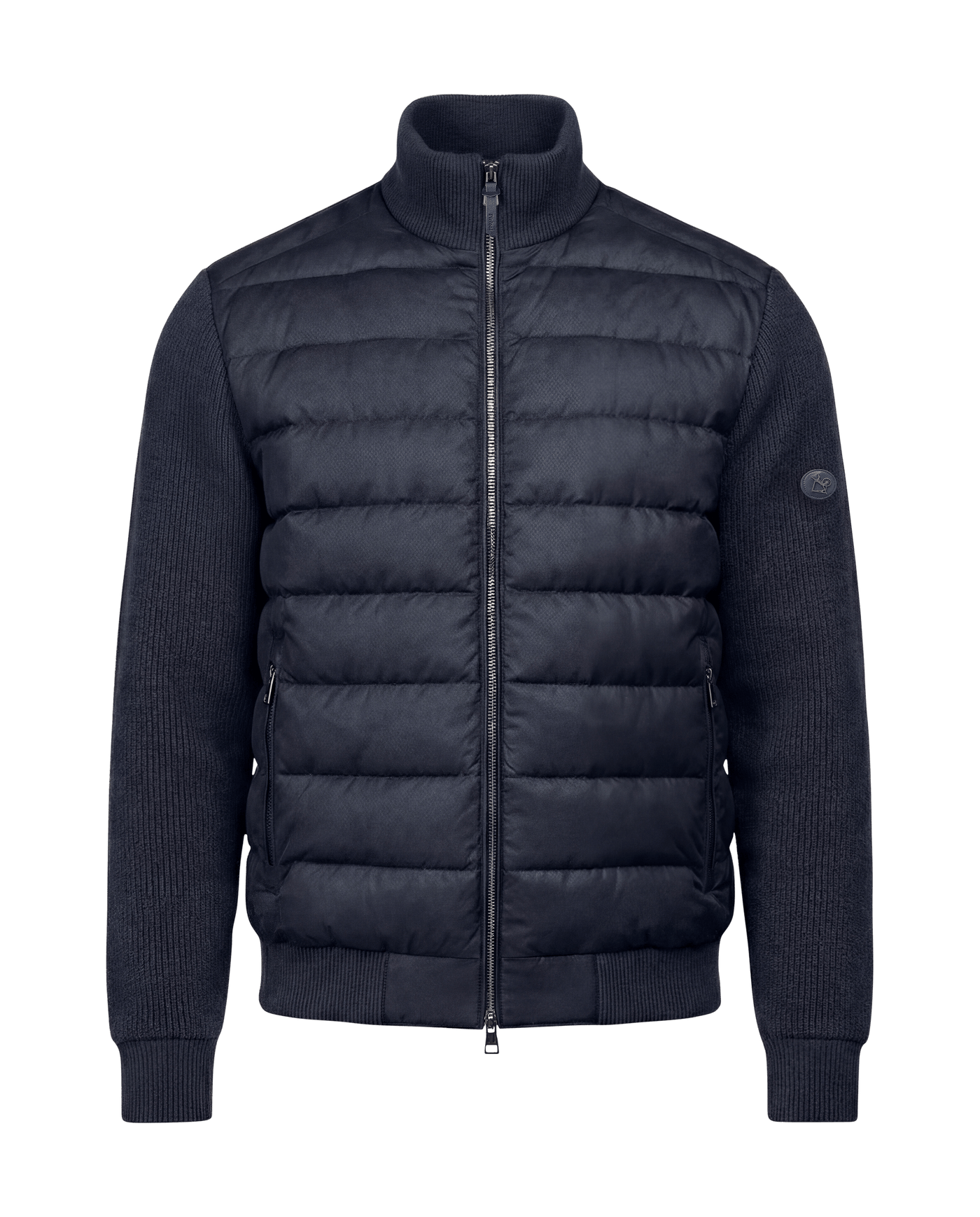 Blue puffer jacket on a black background