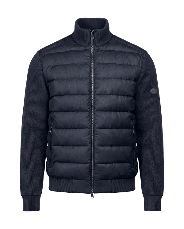 Blue puffer jacket on a black background