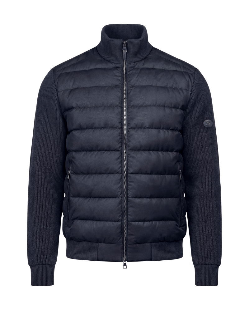 Blue puffer jacket on a black background