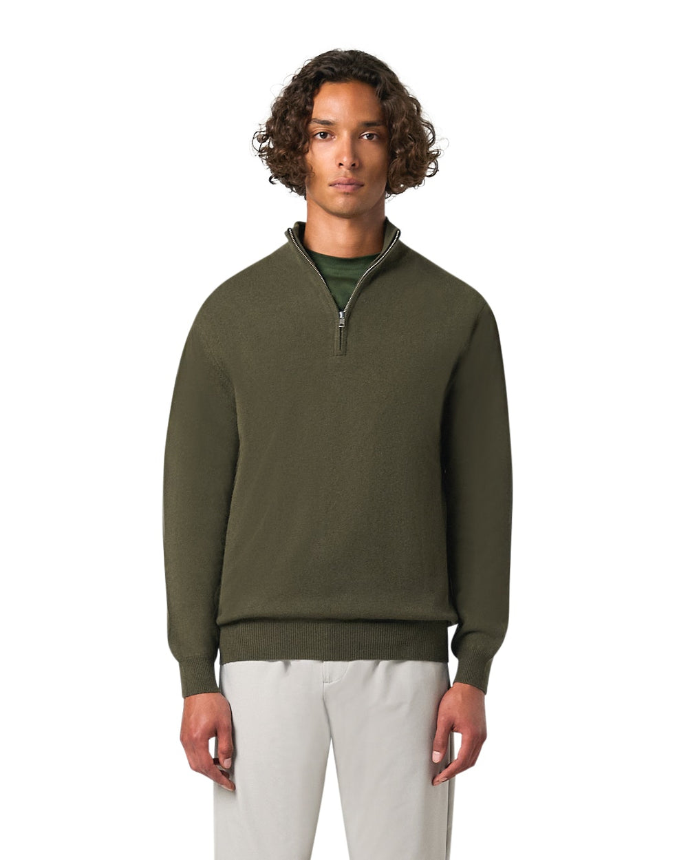 Man wearing a green quarter-zip sweater on a white background