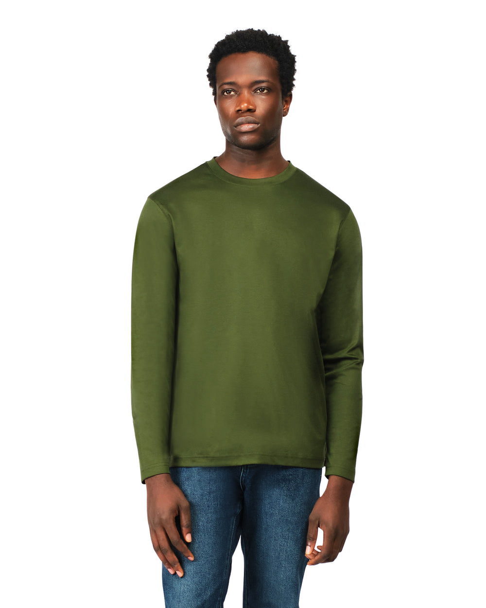 Man wearing a green sweatshirt and blue jeans on a white background