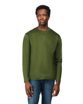 Man wearing a green sweatshirt and blue jeans on a white background