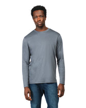 Man wearing a gray long-sleeve shirt and blue jeans on a white background