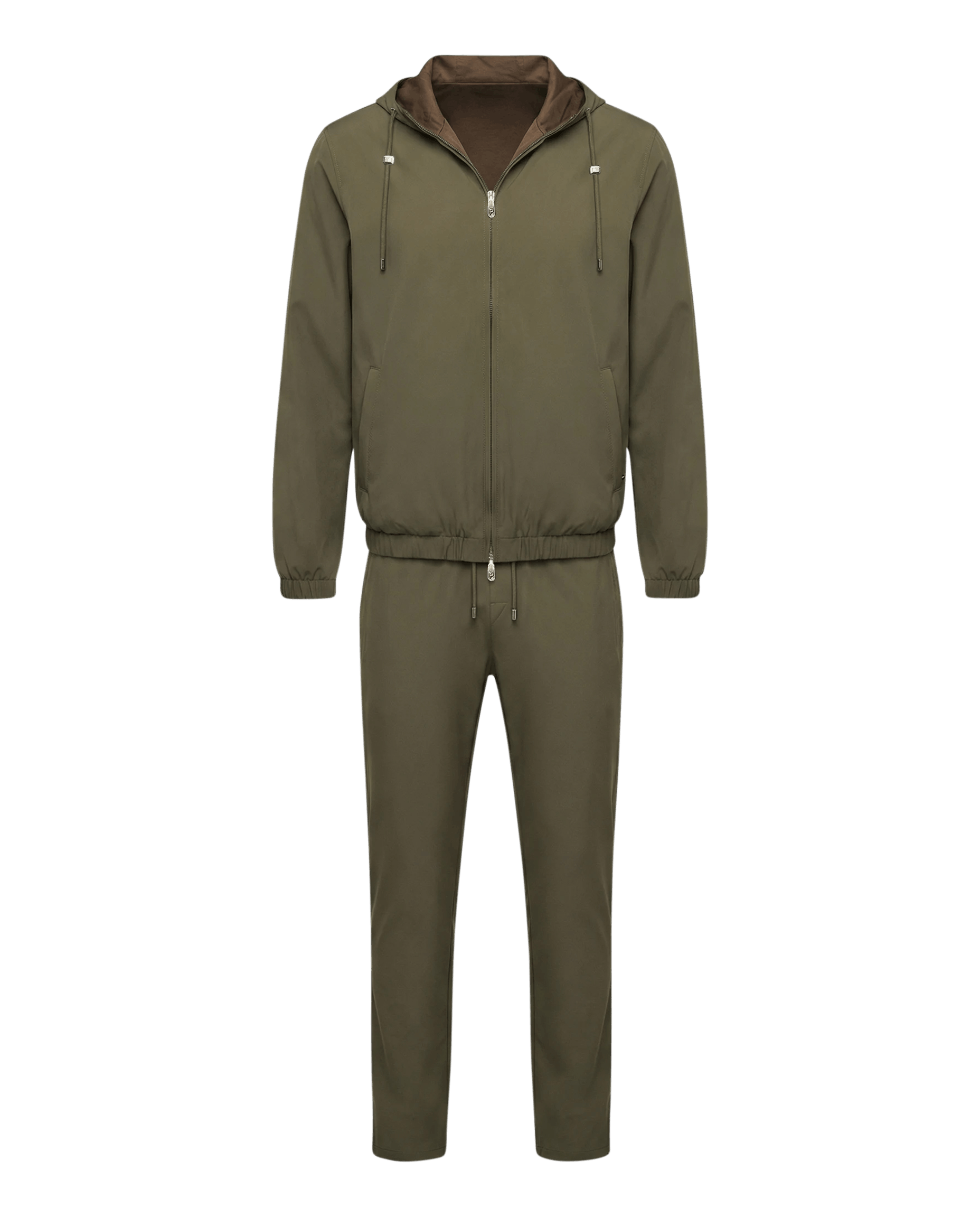 Olive green tracksuit with brown hood on a white background