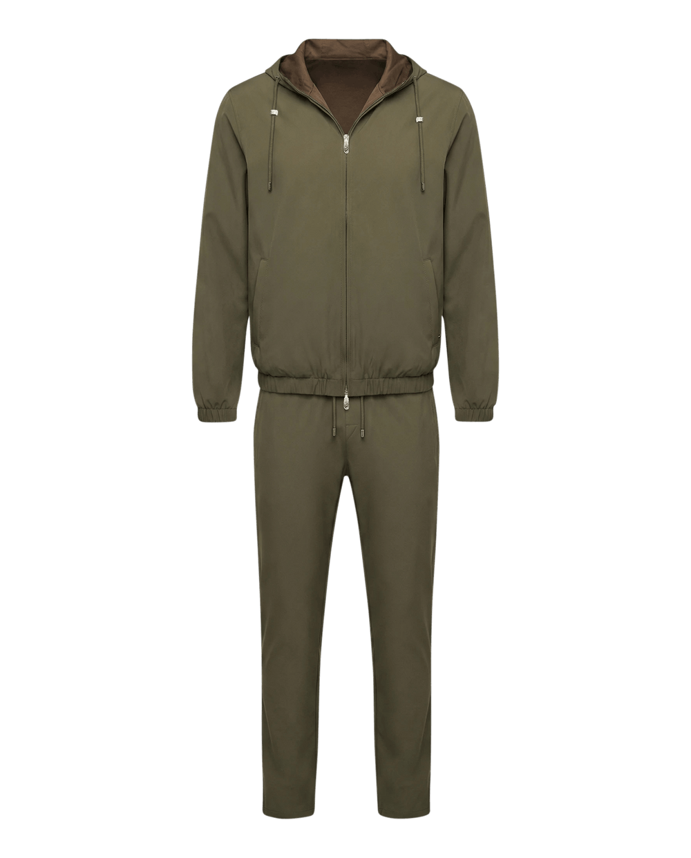 Olive green tracksuit with brown hood on a white background