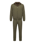 Olive green tracksuit with brown hood on a white background