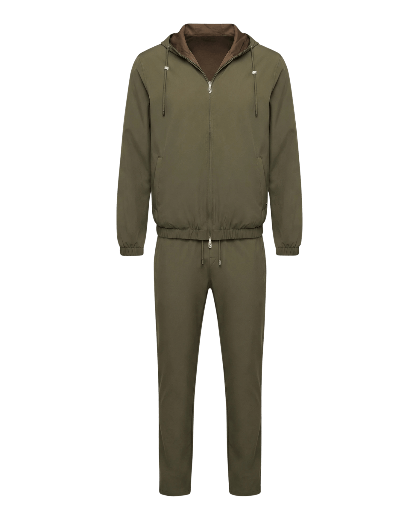 Olive green tracksuit with brown hood on a white background