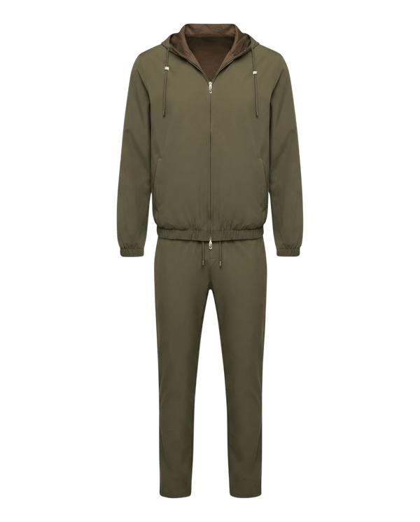 Olive green tracksuit with brown hood on a white background