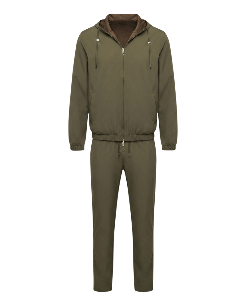 Olive green tracksuit with brown hood on a white background