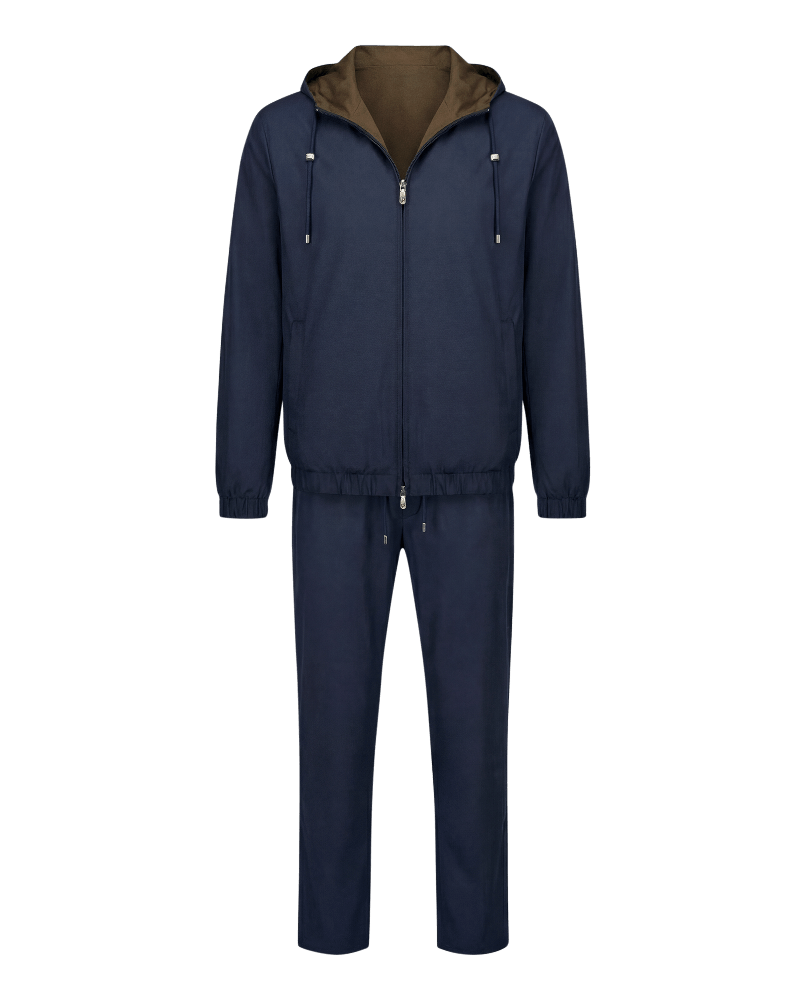 Navy tracksuit with brown hood on a black background