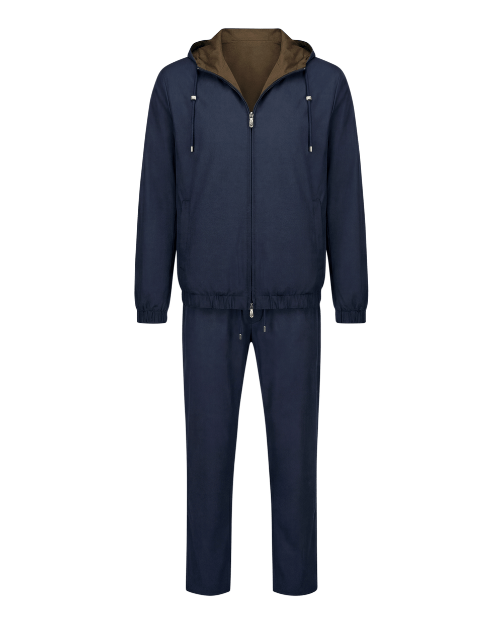 Navy tracksuit with brown hood on a black background