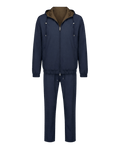 Navy tracksuit with brown hood on a black background