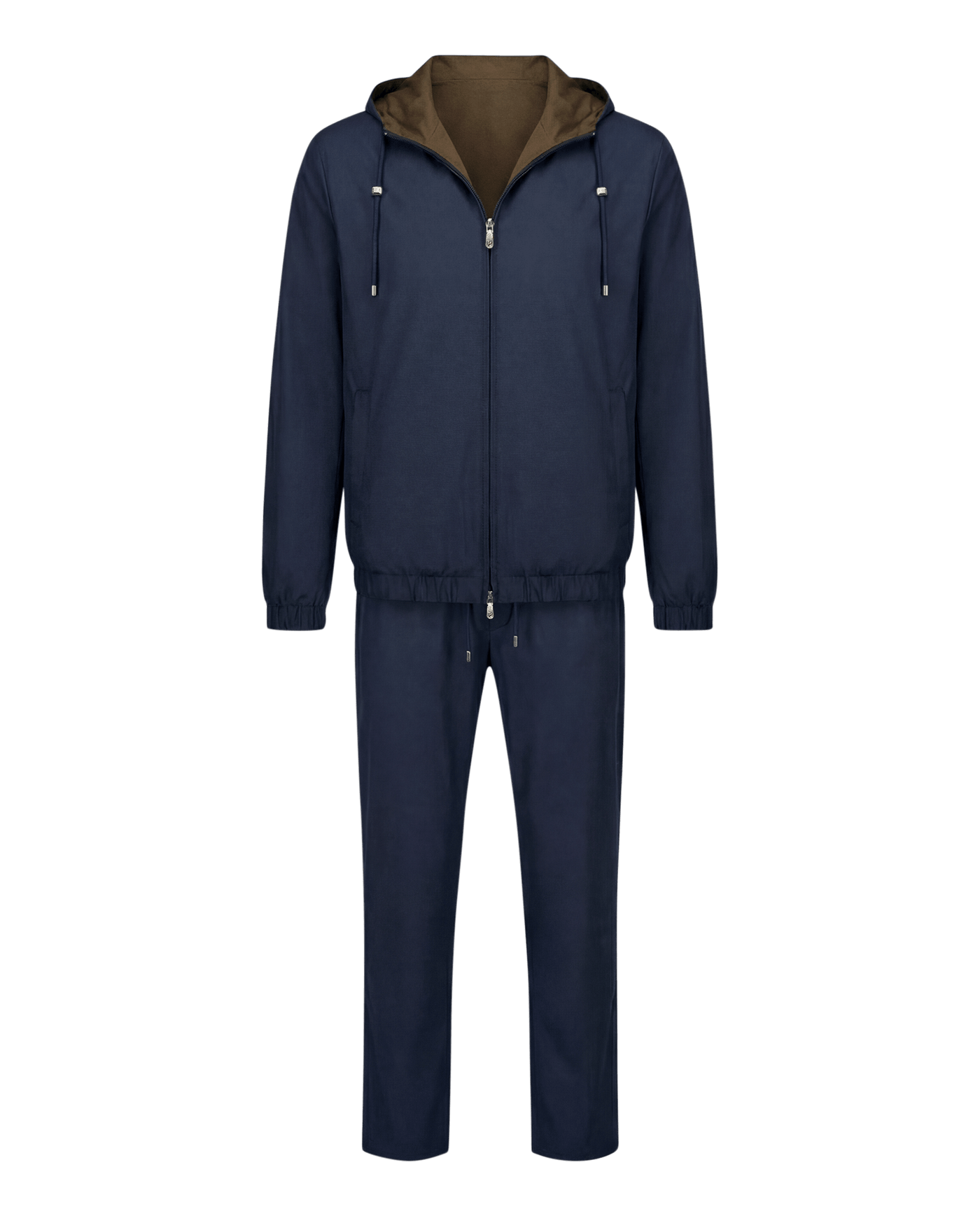 Navy tracksuit with brown hood on a black background