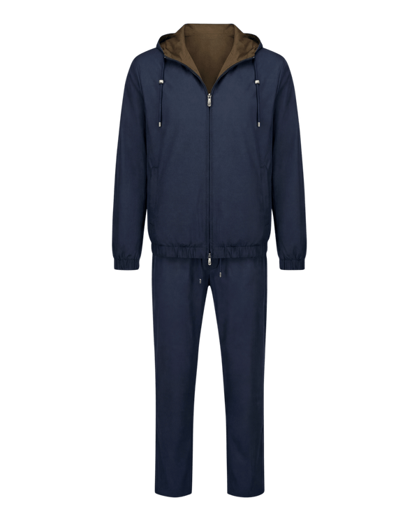 Navy tracksuit with brown hood on a black background