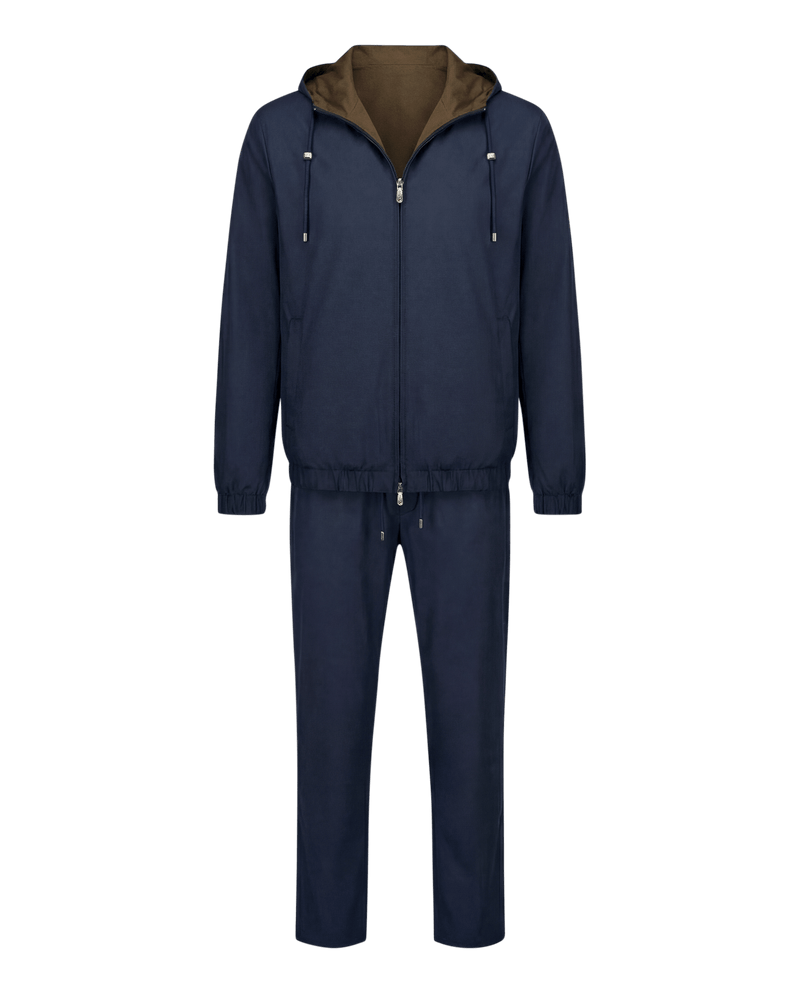 Navy tracksuit with brown hood on a black background