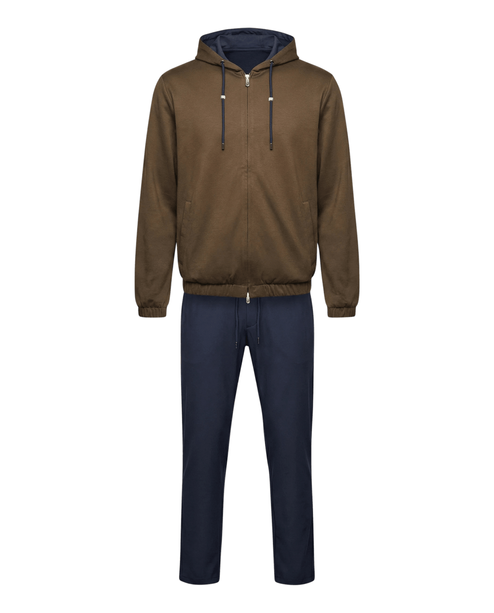Brown hoodie and blue pants on a black background