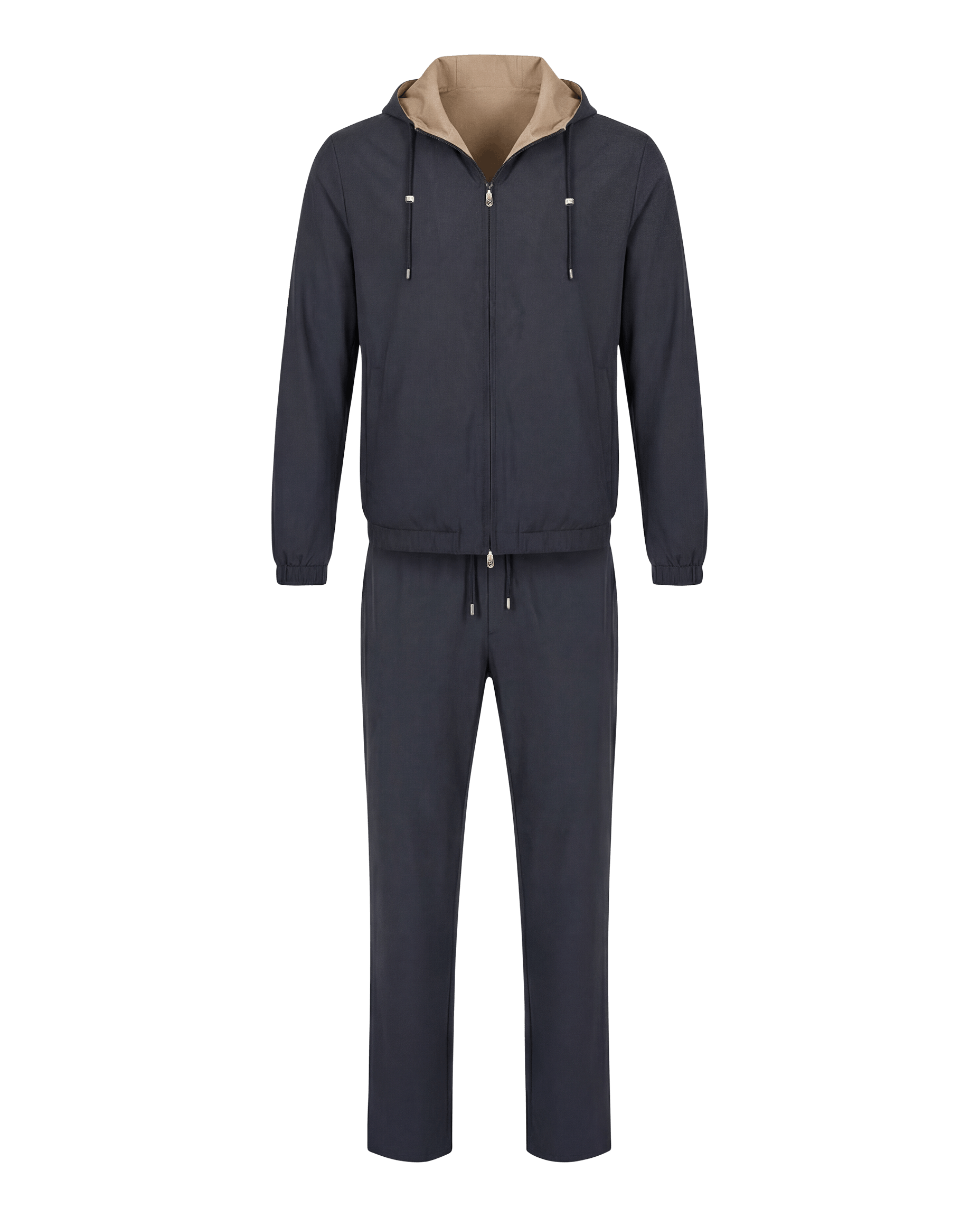 Navy tracksuit with beige hood on a white background