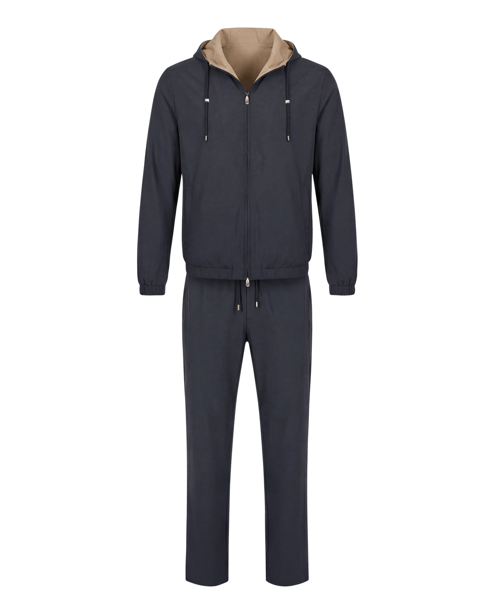 Navy tracksuit with beige hood on a white background