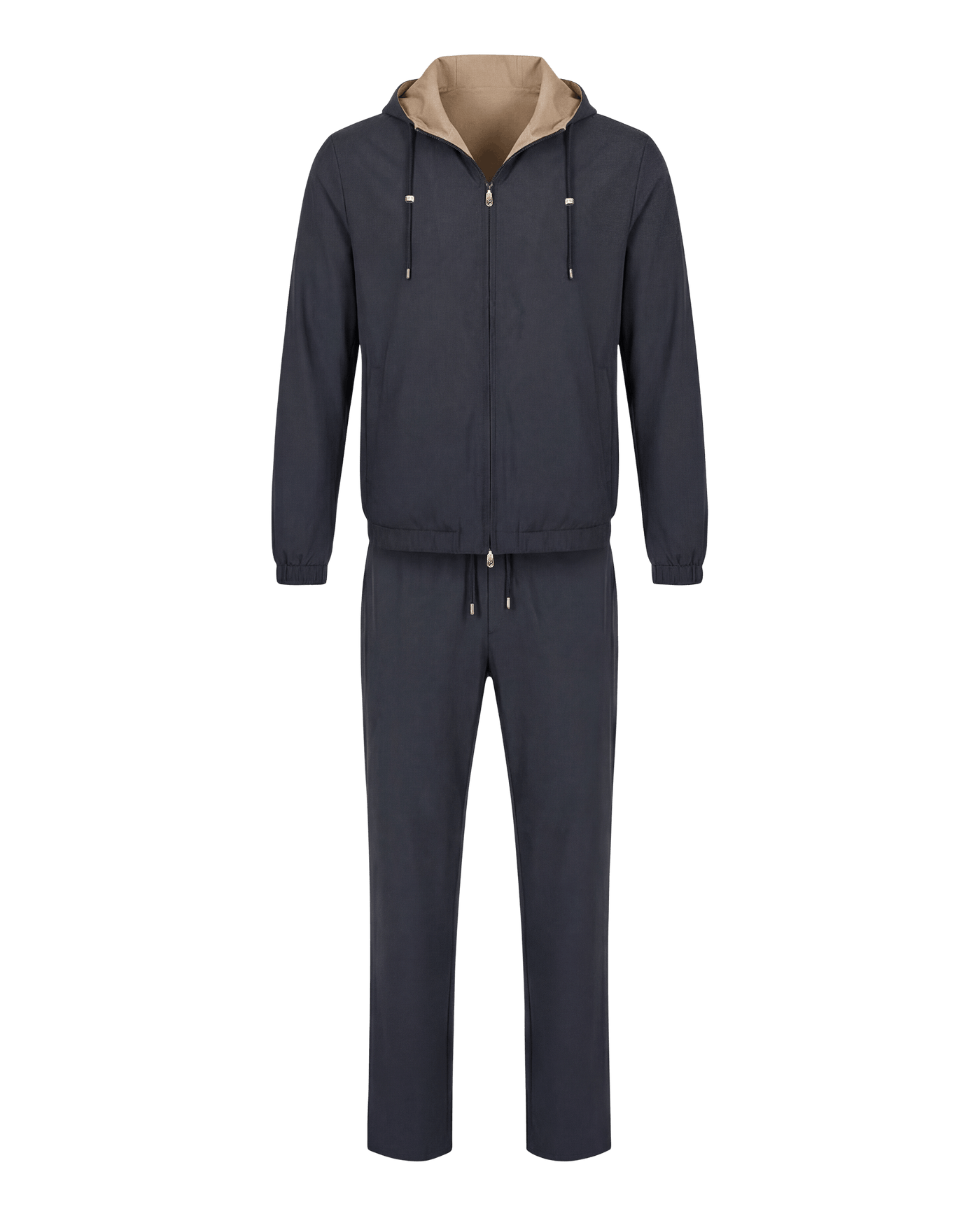 Navy tracksuit with beige hood on a white background