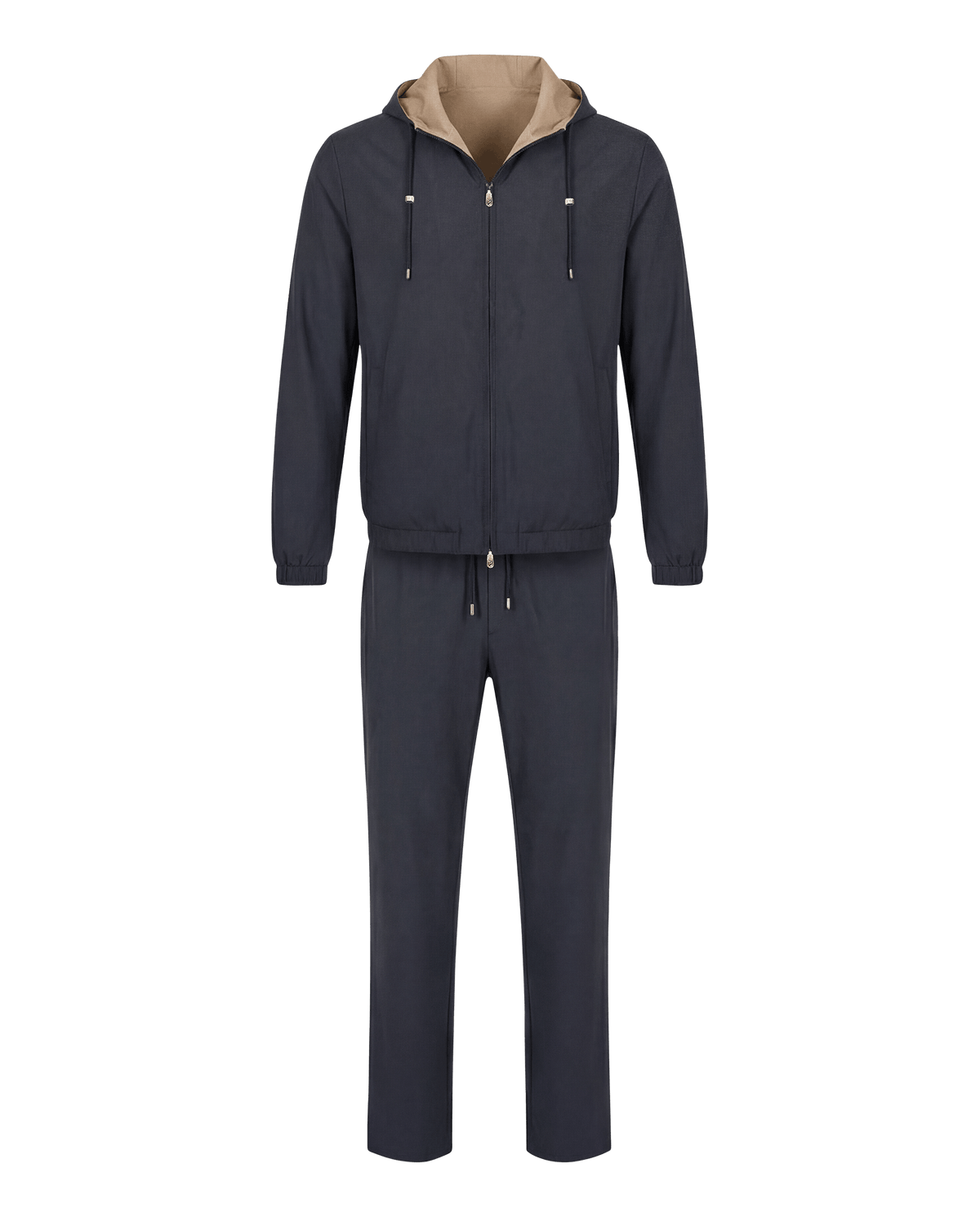 Navy tracksuit with beige hood on a white background