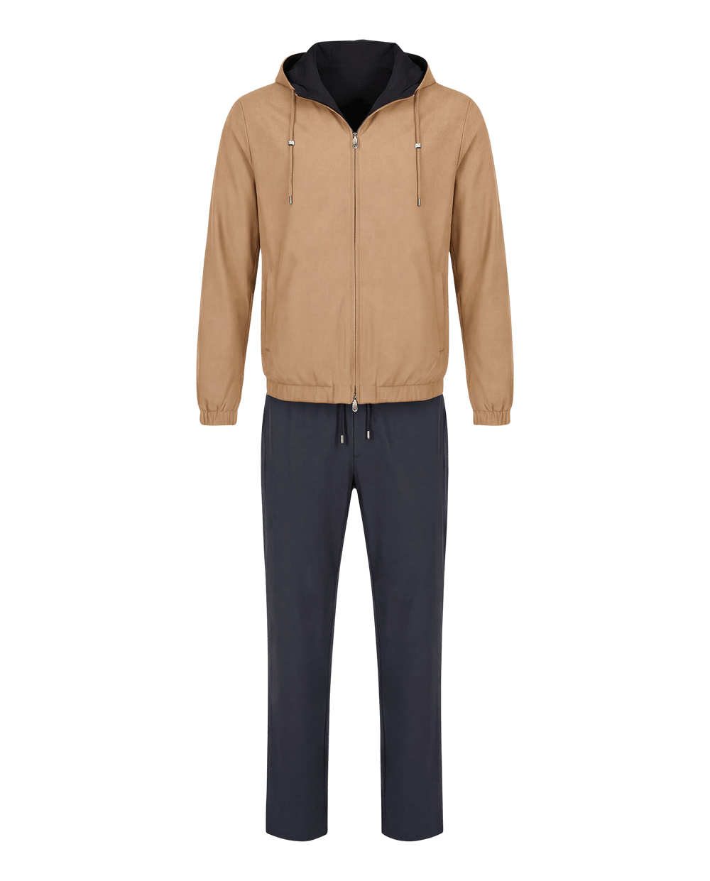 Beige hoodie with black lining and dark gray pants on a white background