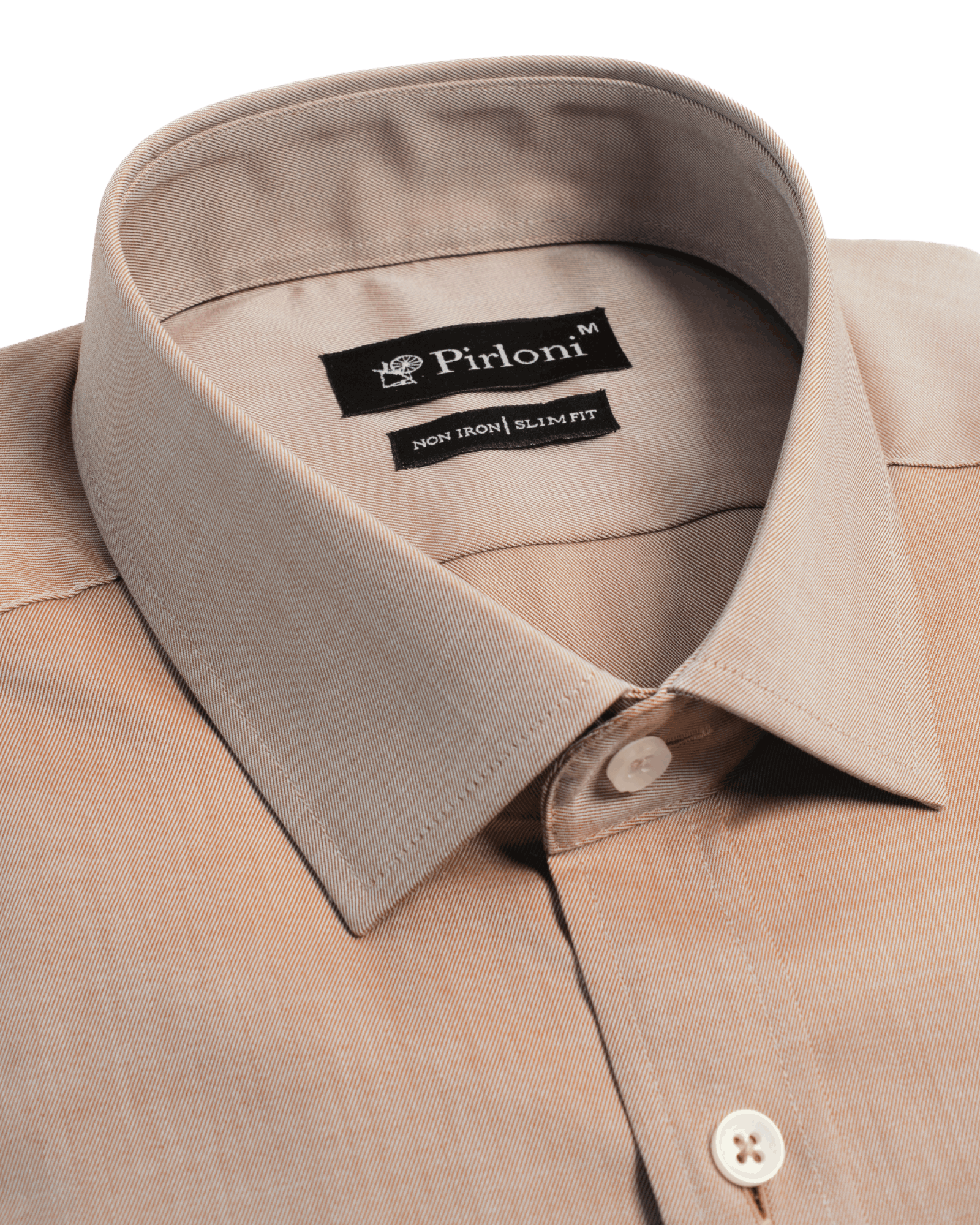 Close-up of a beige shirt collar with Pirloni label on a black background