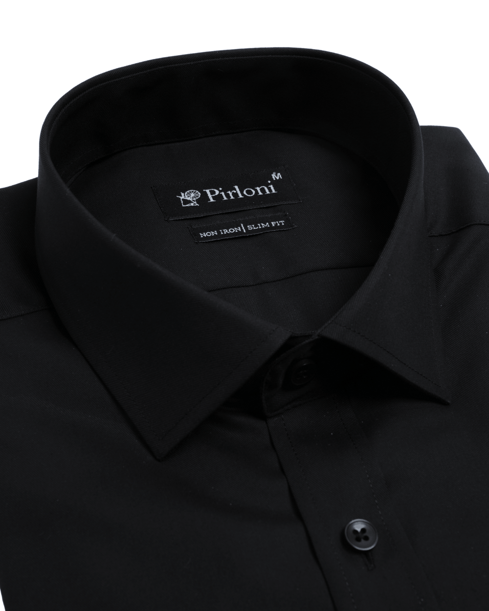 Black dress shirt with a visible brand label on a black background