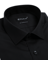 Black dress shirt with a visible brand label on a black background