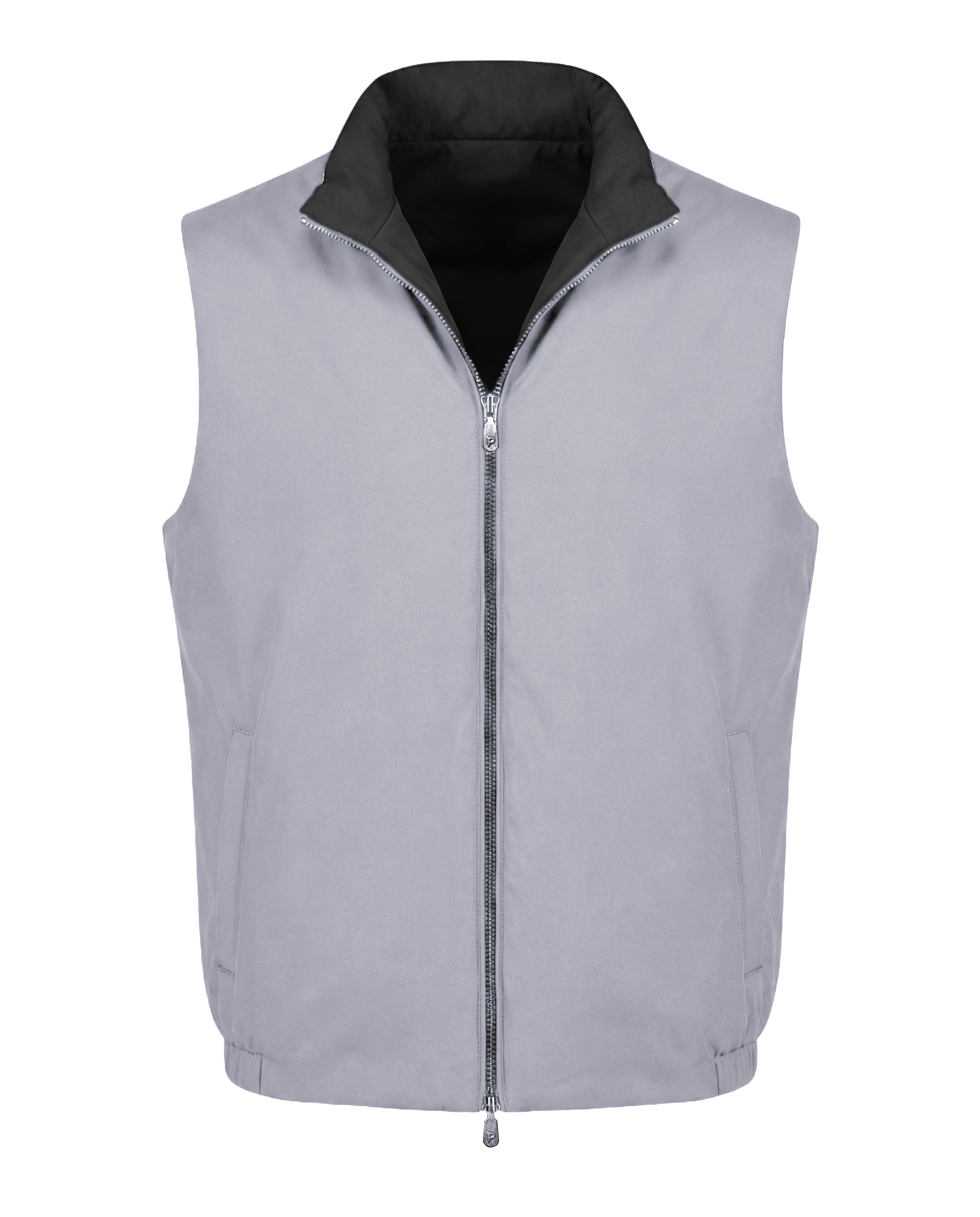 Gray vest with a black collar